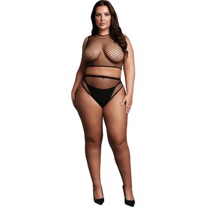 Le Désir 2 Pc Crop Top - Pantie and Fishnet Structure - Queen Size - Black